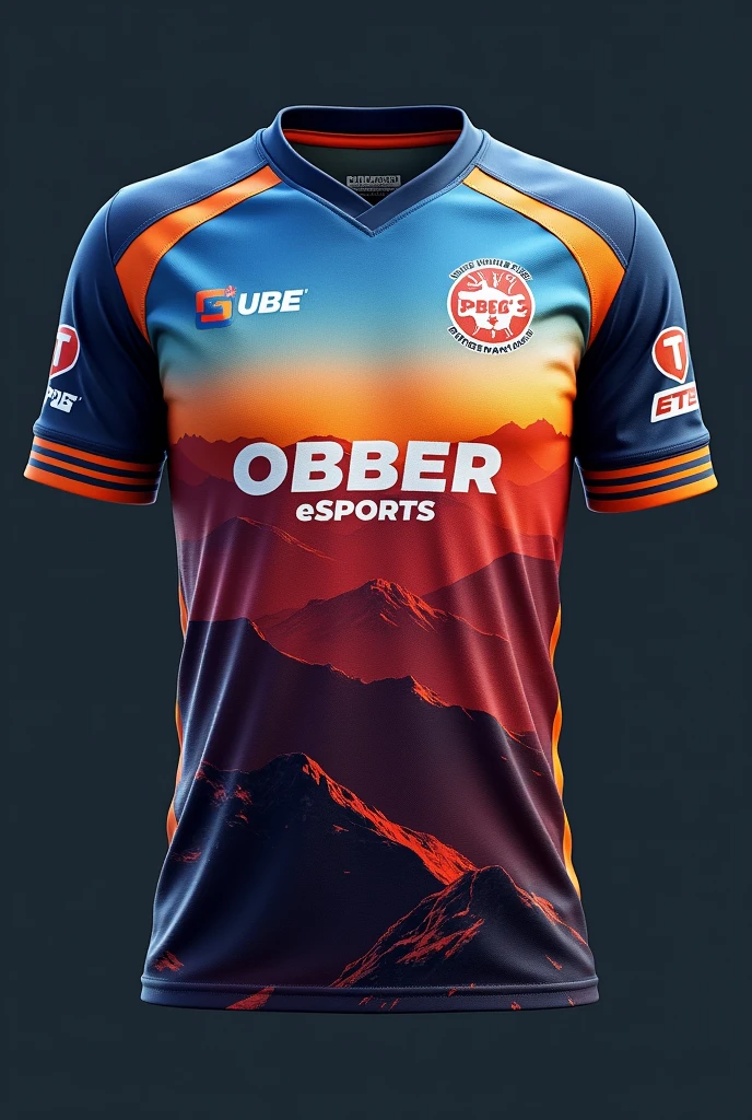 Creat a esports jersey with OE LOGO IN RIGHT TOP .WRITE OBBER ESPORTS IN MIDDLE .make it color like mountain and its matching .color like mountain .donot make mountain in jersey.place pubg mobile logo in left top of jesey