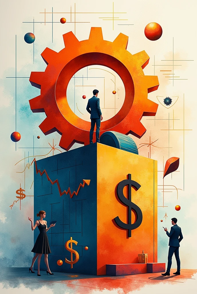 Create a large, circular gear in the middle, towards the top of the image, and a three-dimensional rectangle. Currency has graph lines. There are many images of businessmen. Using watercolor and mixed media Use bright colors The light source is in the upper right corner. --ar 2:3