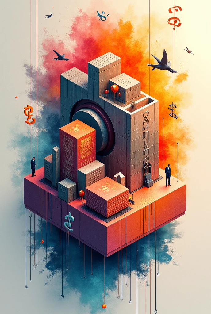 Create a large, circular gear in the middle, towards the top of the image, and a three-dimensional rectangle. Currency has graph lines. There are many images of businessmen. Using watercolor and mixed media Use bright colors The light source is in the upper right corner. --ar 2:3