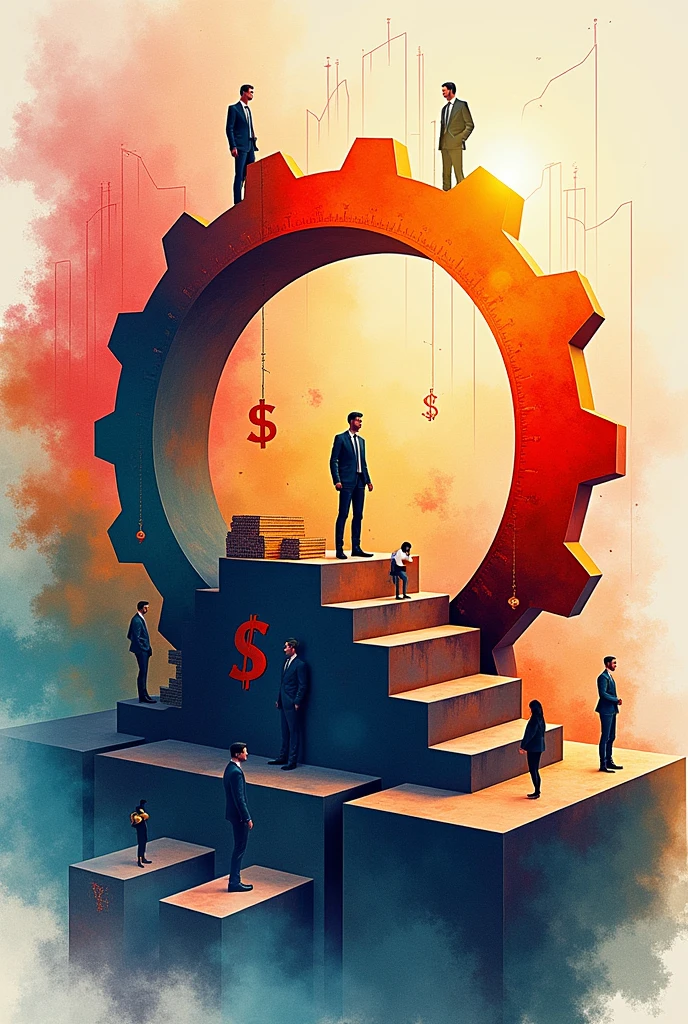 Create a large, circular gear in the middle, towards the top of the image, and a three-dimensional rectangle. Currency has graph lines. There are many images of businessmen. Using watercolor and mixed media Use bright colors The light source is in the upper right corner. --ar 2:3