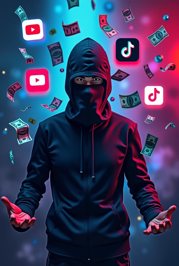 "Create a high-resolution, visually striking course cover image featuring a male figure hiding his face with a mask or covering that makes it difficult to identify his features, ensuring a high level of anonymity. The figure should be positioned dynamically in an action pose to emphasize secrecy. Use a vibrant and colorful background with a gradient or abstract design, incorporating rich, contrasting colors like deep blue, purple, and dark gray to add depth and visual interest, with a highly detailed and vibrant appearance. Place symbols of financial success, such as dollar signs ($), stacks of bills, or currency icons prominently behind the male figure, ensuring they are bold, highly detailed, and sharply contrasted. Integrate images of the TikTok, YouTube, and Kwai app icons into the background with exceptional clarity and resolution, making them large, prominent, and highly visible against the colorful backdrop. Include visual references to video editing, such as camera icons, film reels, or editing software icons (like scissors or a timeline), also in high resolution and vivid detail, subtly blended into the background but remaining clear and detailed. The overall style should be sleek and modern, with a balanced composition that ensures the main subject and thematic elements (money, video editing, and app icons) are visually harmonious and impactful. Avoid any text or written elements. The image should effectively convey the concepts of financial success through video content creation and the presence of popular video platforms while maintaining the theme of anonymity."