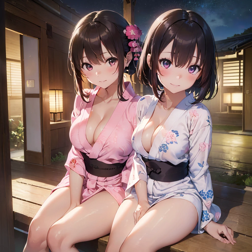 (masterpiece:2.0), (Highest quality:2.0), (Sitting naked:1.5), (Extremely small mini skirt Extremely small pink yukata:1.5), (Ultra-thin raw land:1.5), (Sexy pose:1.5), (Blushed:1.3), (Upper body naked:1.3), (Realistic:1.5), 1 , Accurate needle, Embarrassed look, A light smile, Look at me and smile, Very cute girl, Innocent face, Young Face, Clear Eyes, Shining Eyes, Small breasts, (I can see her cleavage:1.5), (I can see your thighs:1.5), I can see your crotch, No pubic hair, whole body, Beautiful Skin, Ultra high definition, Highest Resolution, Japanese high school students, Brown Hair, At the night festival、I can see her boobs