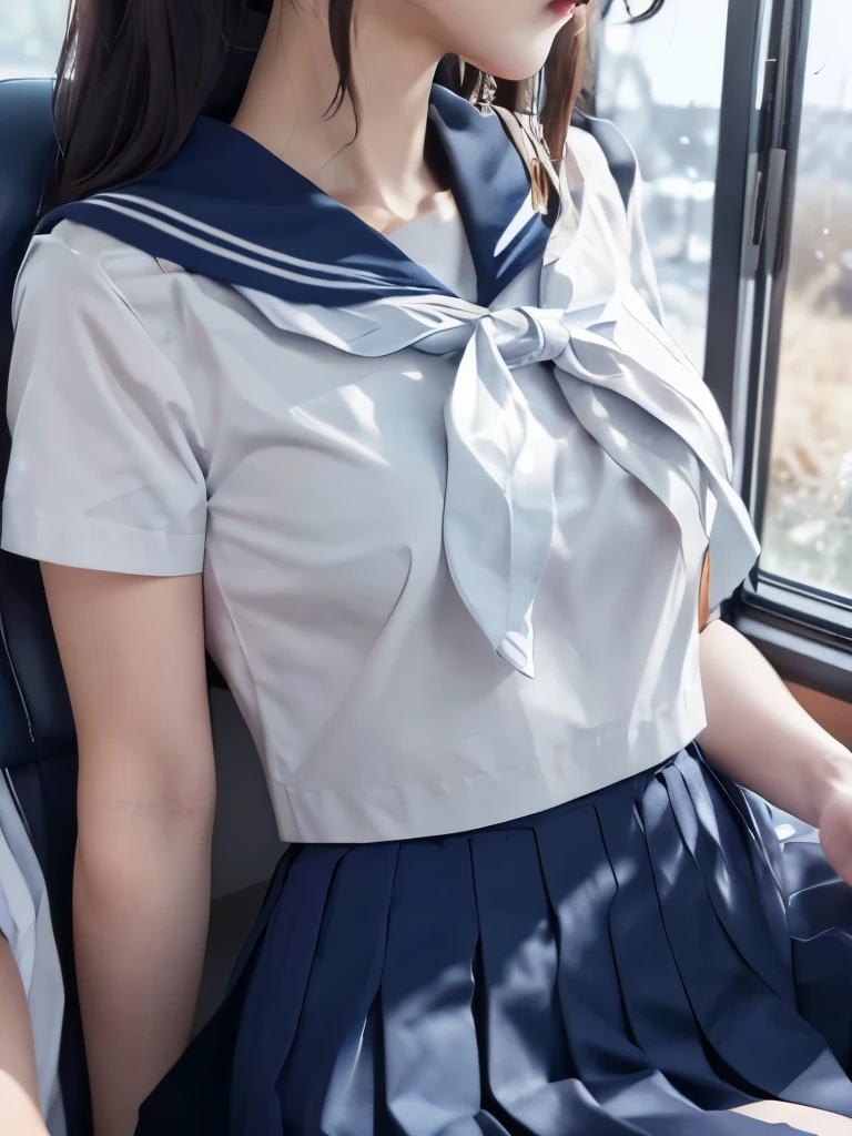 Masterpiece、Highest quality、【lower body focus】、Super detailed、Only from the neck down　画面いっぱいのSailor suit、Sailor suitが近い、Head is cut off　Japanese school girl uniform、Sailor suit、紺色のSailor suit、Pleated skirt、Navy Blue Skirt　Soft thighs　from the neck down focus、View from the neck down、Chest up、Chest close up、Chest close、Get closer to my chest　Train window、countryside