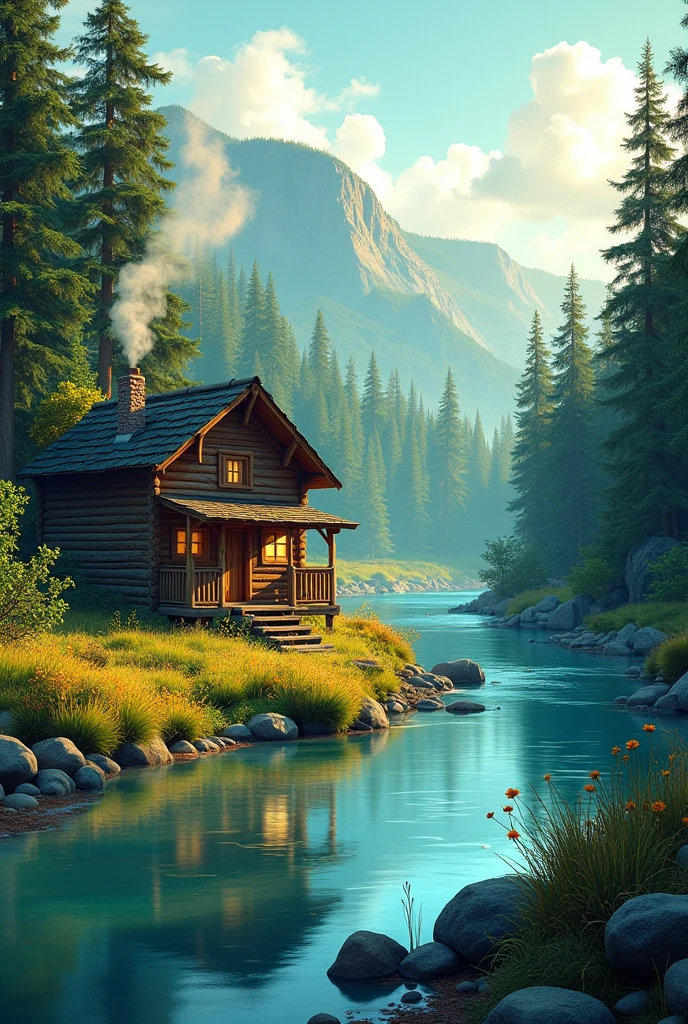 Cabin with a river and trees next to it at noon