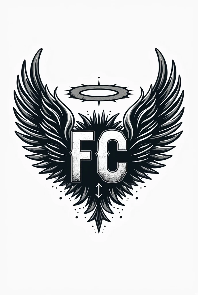 Give me a logo with the letters FC with wings around it, an angel aura on top and that has urban typography, It's for a t-shirt brand
