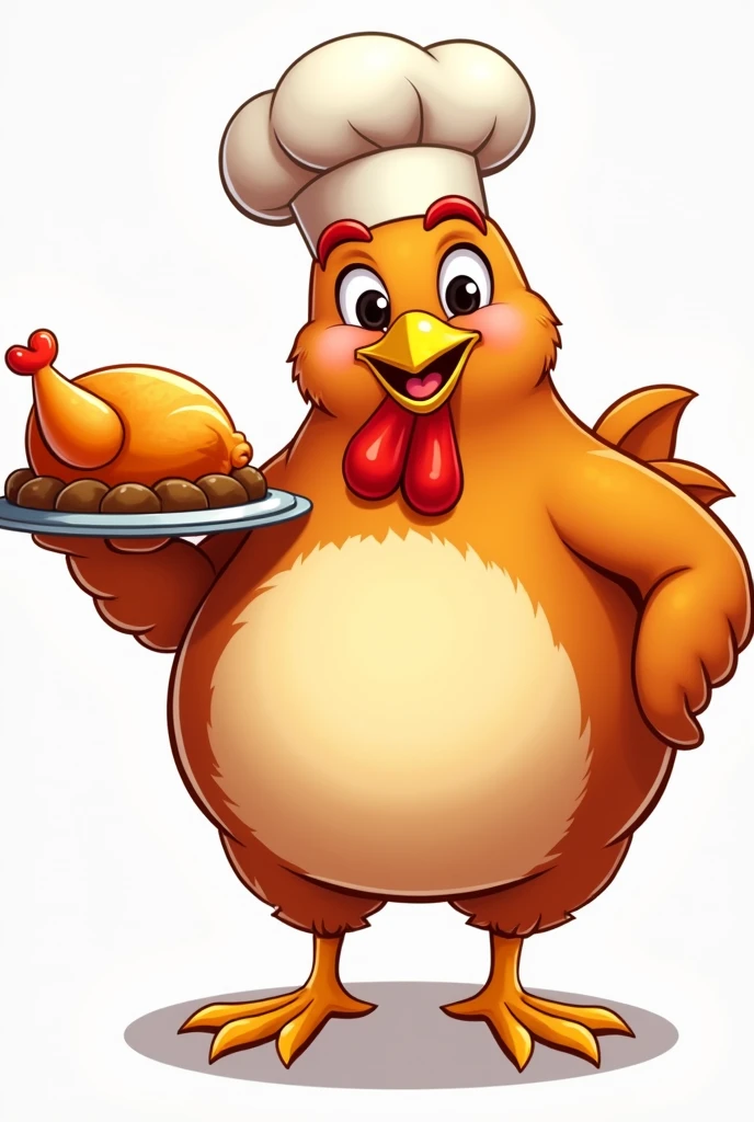 Create a logo mascot for a roast chicken delivery company in Sorriso. The mascot should be a friendly and cheerful fat chicken wearing a chef&#39;s hat., holding a delicious golden roast chicken on a tray.And with her other hand she must be waving, The fat hen must have a welcoming smile, bright eyes and be designed in a way that is both playful and professional, attractive to families, O design geral deve ser simples, easily recognizable and suitable for use in packaging, signage and online platforms. The main color of the fat chicken should be brown