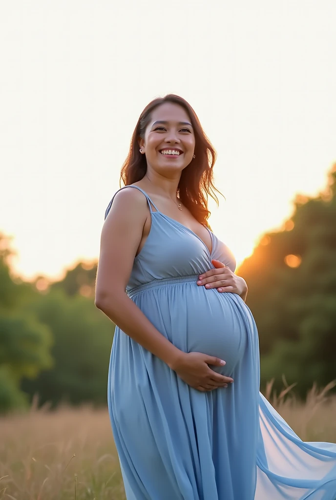 pregnant woman in blue dress standing in beautiful location with trees in background, pregnant belly, pregnancy, pregnant, maternal photography 4 k, maternity feeling, photo of a woman, portrait image, wearing a blue dress, light blue dress portrait, third trimester, she is smiling and excited, wearing blue dress, tummy, wearing a plastic blue dress, close body shot, closeup photograph