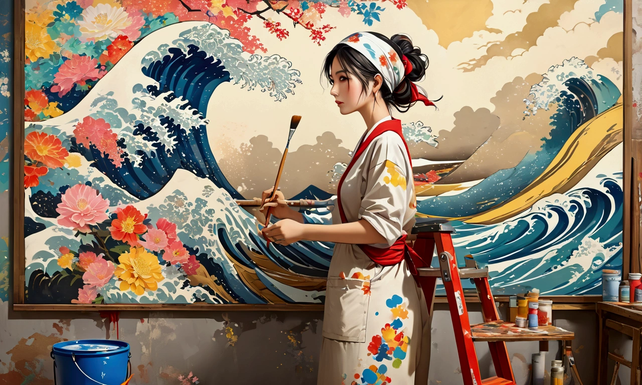 ((Very detailed)),Unbelievably absurd,A woman painting art on the wall,Paint bucket,paintbrush,bandana,Work clothes,stepladder,There is paint everywhere,(((Wall Art))), ((masterpiece, Highest quality, Very detailedCG, unity 8k wallpaper )),(masterpiece, Highest quality, Highest quality, Official Art, beautiful),Very vivid,High-precision images,Ultra-high resolution,Great art,Poster Art,Impressive photos,Japanese art style,Face stained with paint,Looking away,Wave Art.impressive art