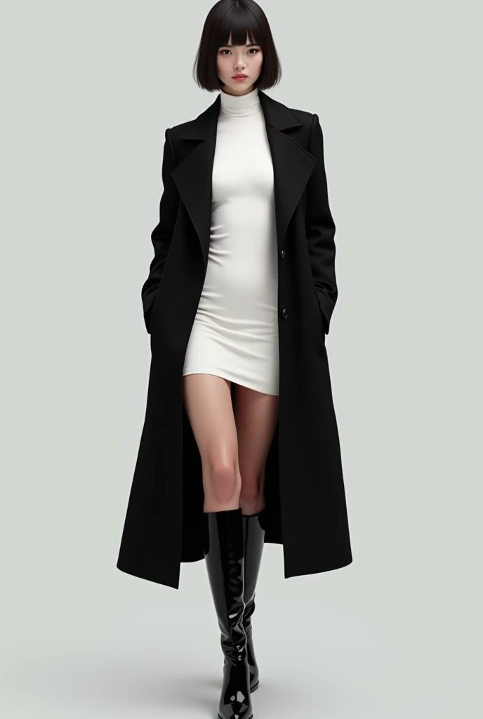 black coat white long bodycon below knee and black boot wearing girl