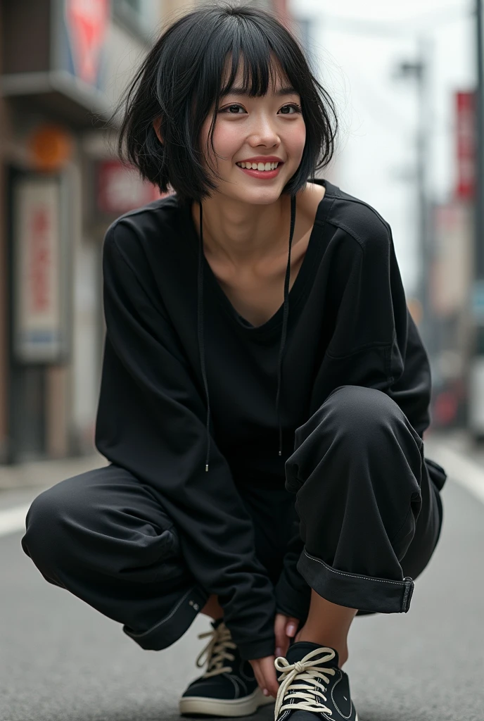 absurdres,, (1girl:1.2),  (abs:2.0),huge_breasts、unity  Dynamism,forward leaning posture、she looks away, Loose-fitting clothing、Blurred Background、Sagging breasts、A happy look、Sitting、Legs crossed、(black clothes:1.5)、NIKE sneakers、Sneaker commercial、(Close up on sneakers:1.55)、Photorealistic、Japanese、The Beauty of the Japan、Very Short Hair、Boyish Girl、
