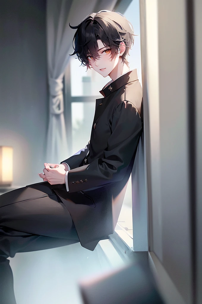 (4K works))、masterpiece、(top-quality)、((Black bedroom in the middle of the night))、mid night、In the black bedroom at midnight、((Window with a view of the starry sky))、((I can see the dark sky from the window))、((dark ilumination))、Korean Male、Adult male、((Adult male 2))、((Face similar to Hyun Jin))、Cool Men、tall、((Irritated face))、((Strong eyes))、((Wearing a white T-shirt and a black hooded jacket、Wearing long black pants))、((Wear a black mask))、((smaller face))、Slim body、((hooligan))、((Black short-haired))、((black eyes))、((shot from a side angle))、((Shot alone))、((Solo Photography))、((He is in PC gaming))、((He is sitting in front of the PC))、((In front of him is a PC)),Gakuran Clothing
