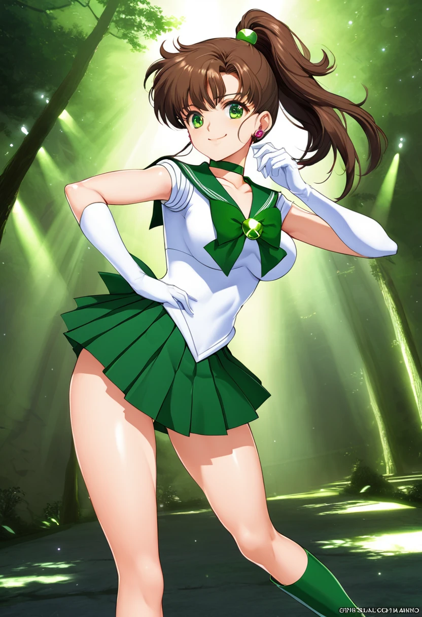 Highest quality, Great quality, 16K, Unbelievably absurd, Very detailed, 2.5D, delicate and dynamic, (Sailor Jupiter), Small face, Very delicate facial expressions, Delicate eye depiction, Very fine hair, (1 female), erotic, Sexy Woman, Muscular, Height: 175cm, Light brown long hair,ponytail、 Sexy long legs,  sailor senshi uniform, Makoto Kino, 独奏, skirt, brown hair, green sailor collar, green eyes, green choker, outdoors, gloves, green skirt, sailor collar, white gloves, bow, jewelry, boots, hair ornament, choker, elbow gloves, ponytail, sky, earrings, green footwear, day, magical girl,Glowing Skin,1990s \(style\),、(E-cup beautiful breasts)、tall、Cinema Lighting, (完璧なGlowing Skin:0.6),Always high quality CG Unity 8K wallpaper、smile