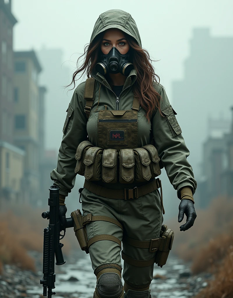 (Photorealism:1.2), beautiful armed woman, A female soldier wearing a gas mask patrols a fog-filled ruin.