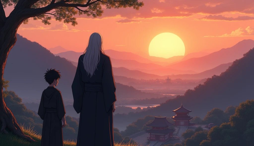 Hiro and Master Koji stand on a hill overlooking the temple as the sun sets behind the mountains. The sky is painted in shades of orange and pink, and the temple grounds below are bathed in the warm glow of twilight. Hiro, in his dark robe, looks out over the landscape with a newfound sense of calm and understanding. Koji, with his long white hair and beard, stands beside him, his face serene and wise. The scene captures the beauty of the moment and the deep connection between the master and his student. Hiro ia a adult boy