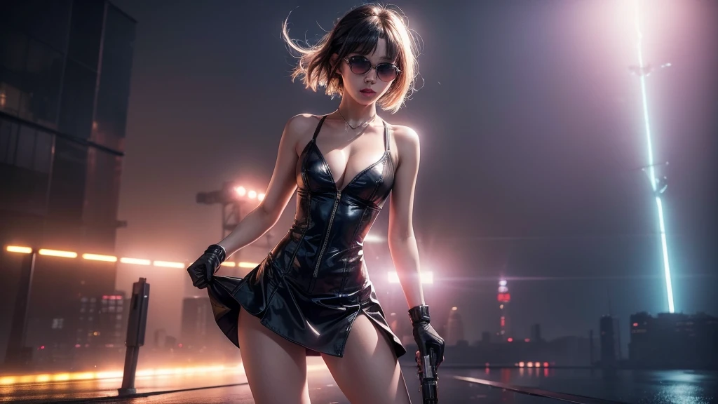 (Wide angle view). Blade Runner style futuristic city, simple outlined transparent neon tall buildings, glowing giant clock tower, flying cars, helicopter, lightning, 3D rendering Beeple. At night, (1girl, solo, alone), photorealistic, medium-breast slim:0.6 body, oval:0.6 face, cleavage:1.1, sexy black laced bra, glove, deep-V, (very low angle view of miniskirt), white laced panty, coat, (Matrix style black micro sunglasses), ((aiming viewer with a short gun)), (running pose), (half-body thigh level close-up shot), cinematic lighting, ray tracing.