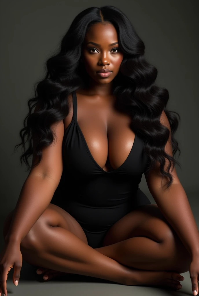 (photorealism:1.2),  powerful Dark chocolate brown skinned toned melanin
 bbw super thick plus size obese, curvaceous woman long beautiful flowing hair exuding a findom persona exuding with an intense, hypnotic gaze. beautiful woman, big breasts sits with her legs stretched out, taking a realistic photo
