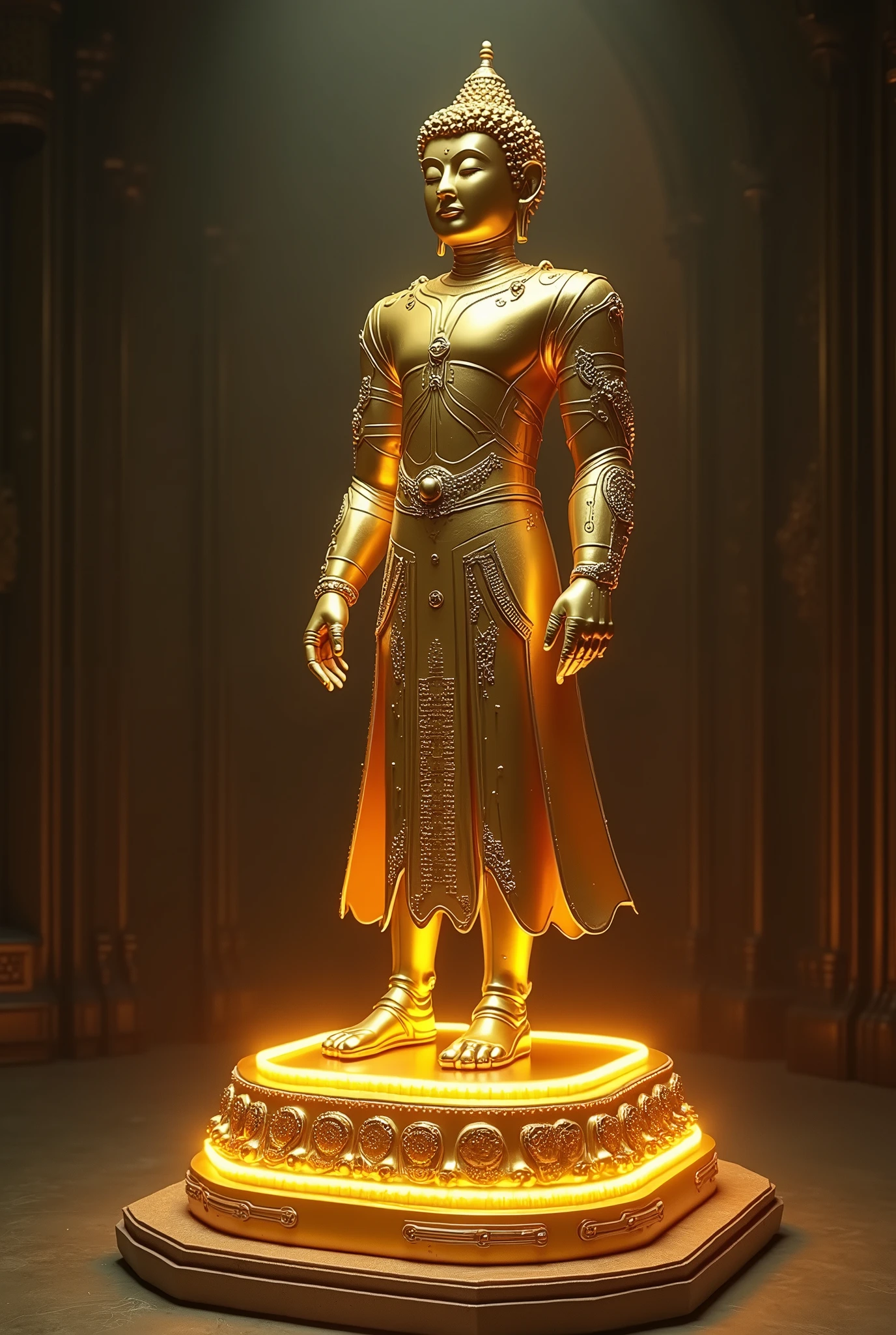 เที่ยวชมงานแบบล้ำ ๆ
Creates a surreal, very realistic image. Random perspective, wide angle, full body shot of a high-tech robot designed to look like a full body statue, พระพุทธชินราช The material is polished gold, dressed in an ancient Chinese style, some spots have lines of glowing lights and decorative electronic circuit boards. Standing on a beautifully designed glowing podium, dark background. The image is very detailed, high definition 100K.