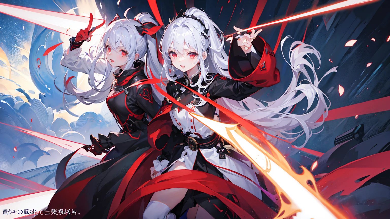 masterpiece, best quality, detailed)、1 female、Silver Hair Long、Red Eyes，Side Ponytail，Waist-length hair，White hair and red eyes，Side Ponytail，Waist-length hair，Thick black silk，Boots，Highly detailed official artwork, Epic Light Novel Cover Art, epic Light novel cover art, Anime style 4k, detailed关键动画艺术, Light novel cover art, Anime Fantasy Artwork
