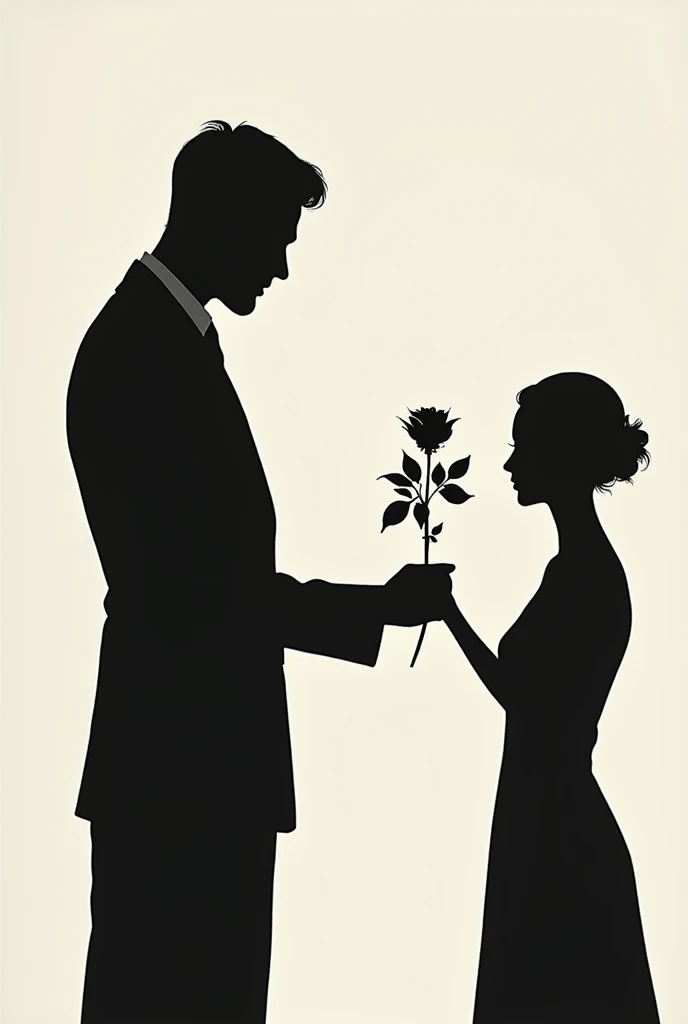 The image shows the silhouette of a man with a thin and muscular build., standing in a formal and elegant pose while extending his arm to offer a rose to someone. His figure is a completely black silhouette, as if it were a drawing made with black ink.
The man is wearing a black polo shirt that covers his torso and part of his arms., leaving only the upper part of his body visible from the waist up. His posture is upright and elegant., with shoulders back and chest slightly forward.
The rose she holds in her outstretched hand is also completely black., except for the delicate petals that stand out slightly lighter than the stem and leaves. The rose looks freshly cut, with the stem still fresh and the leaves green.
The composition of the image is simple but powerful, focusing on the elegant and mysterious figure of the man offering the rose to an invisible recipient. The exclusive use of black creates a dramatic and evocative effect, giving the scene a solemn and contemplative air.