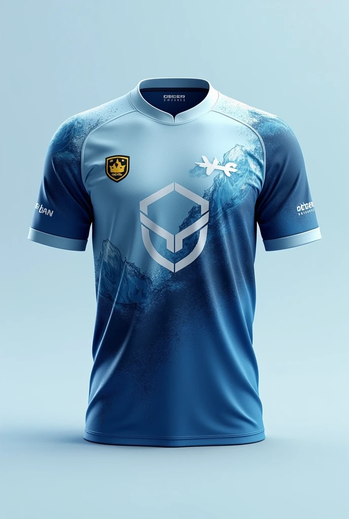 Creat a esports jersey with OE LOGO IN RIGHT TOP .WRITE OBBER ESPORTS IN MIDDLE .make it color like mountain and its matching .color like mountain .donot make mountain in jersey.place pubg mobile logo in left top of jesey.make icy color jersey