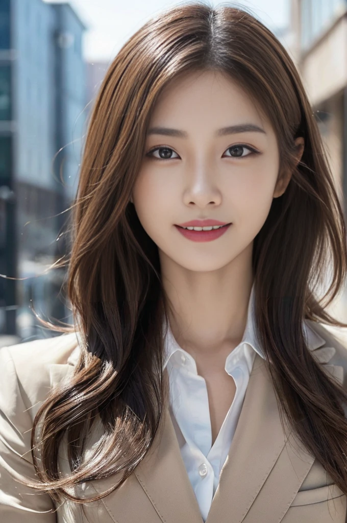 masutepiece, Best Quality, Photorealistic, Ultra-detailed, finely detail, High resolution, 8K Wallpaper, 1 beautiful woman,, light brown messy hair, in a business suit, foco nítido, Perfect dynamic composition, Beautiful detailed eyes, detailed hairs, Detailed realistic skin texture, Smiling, Close-up portrait, Model body type