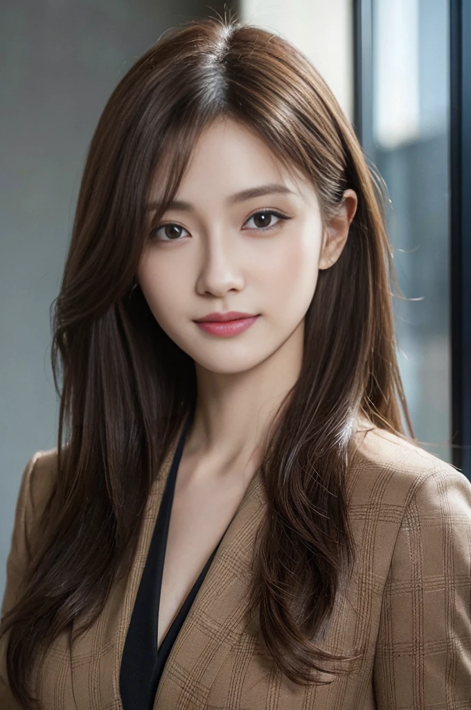 masutepiece, Best Quality, Photorealistic, Ultra-detailed, finely detail, High resolution, 8K Wallpaper, 1 beautiful woman,, light brown messy hair, in a business suit, foco nítido, Perfect dynamic composition, Beautiful detailed eyes, detailed hairs, Detailed realistic skin texture, Smiling, Close-up portrait, Model body type