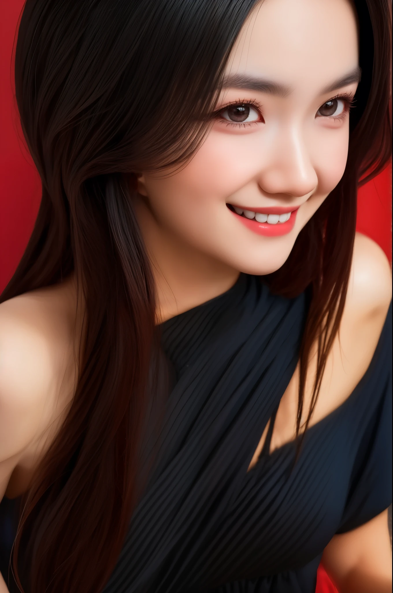 A 16k realistic portrait masterpiece, realistic soft detailed lines, highest resolution, every detail, meticulousness, depth of field, bright colors, beautiful composition: a girl Teenage girl wearing glasses smiling happily, light makeup with black hair and beautiful innocent detailed eyes, standing on a dark and ominous scene. sexy silk dress.
