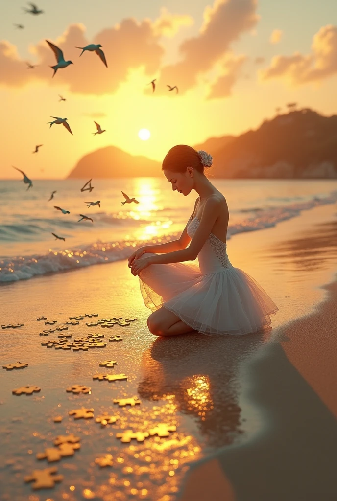 A kneeling ballerina, He is collecting the pieces of a golden puzzle at his feet from the sand to the sea with a sunset in the background and small swallows in turquoise green tones flying around him., Sand with golden dots and