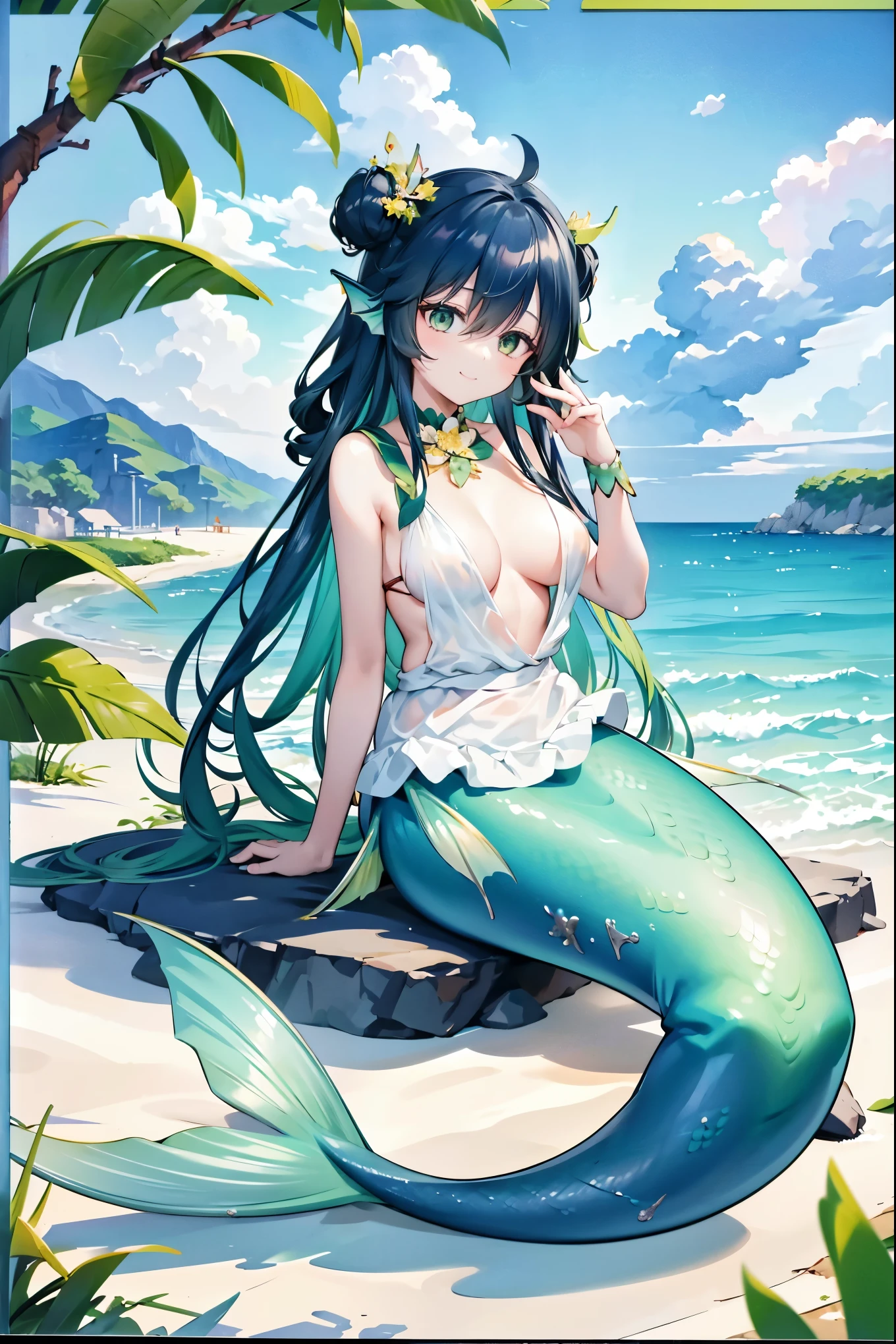 masterpiece, best quality,(Full fingers),A girl,Large Breasts,Mermaid,浅绿色的Mermaid尾巴,Head fin,full-body shot,beach,Sea view,Sitting on the beach,charming脸(Kawaii, charming,Soft),Smile