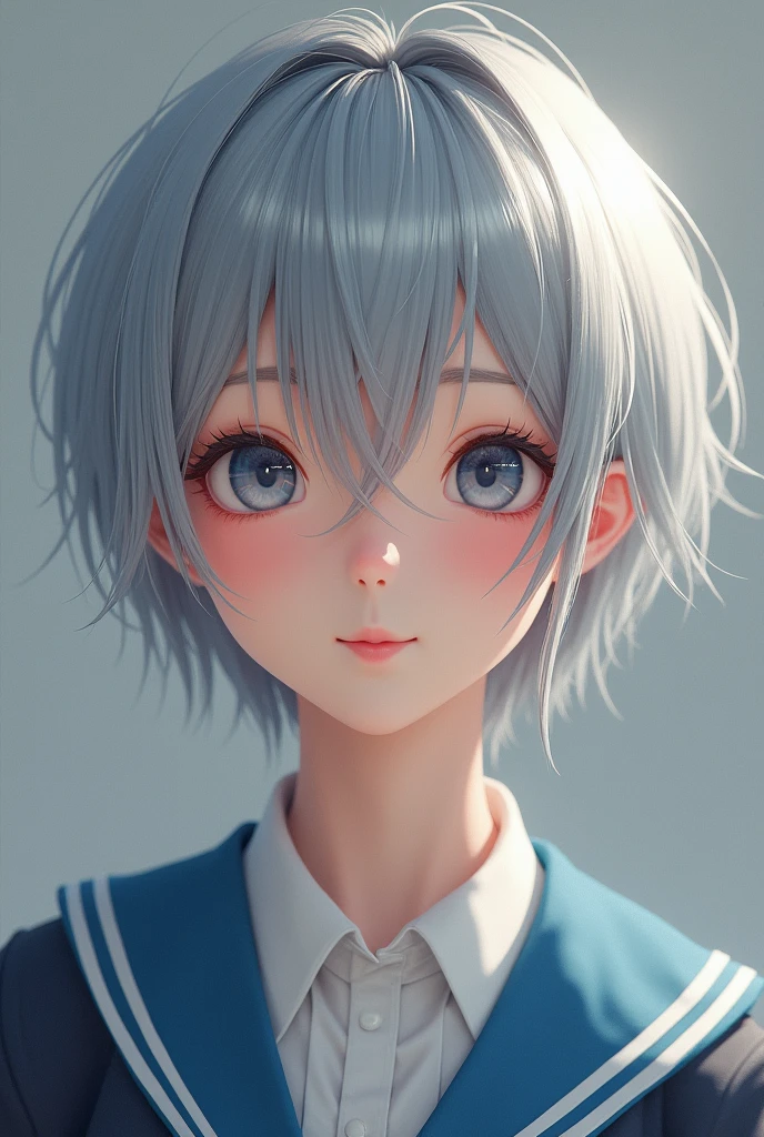 a beautiful cutie half japanese half Nordic girl,droppy eyes,beautiful detailed eyes,charming eyes,extremely detailed and beautiful face,(smile:2.0),flawless transparent skin,ultra short hair,silver hair,(highschool uniform,masterpiece,high resolution,photorealistic,ultra realistic,extremely detailed:2.0),detailed description,vivid colors,studio lighting,physically-based rendering,intricate detail
