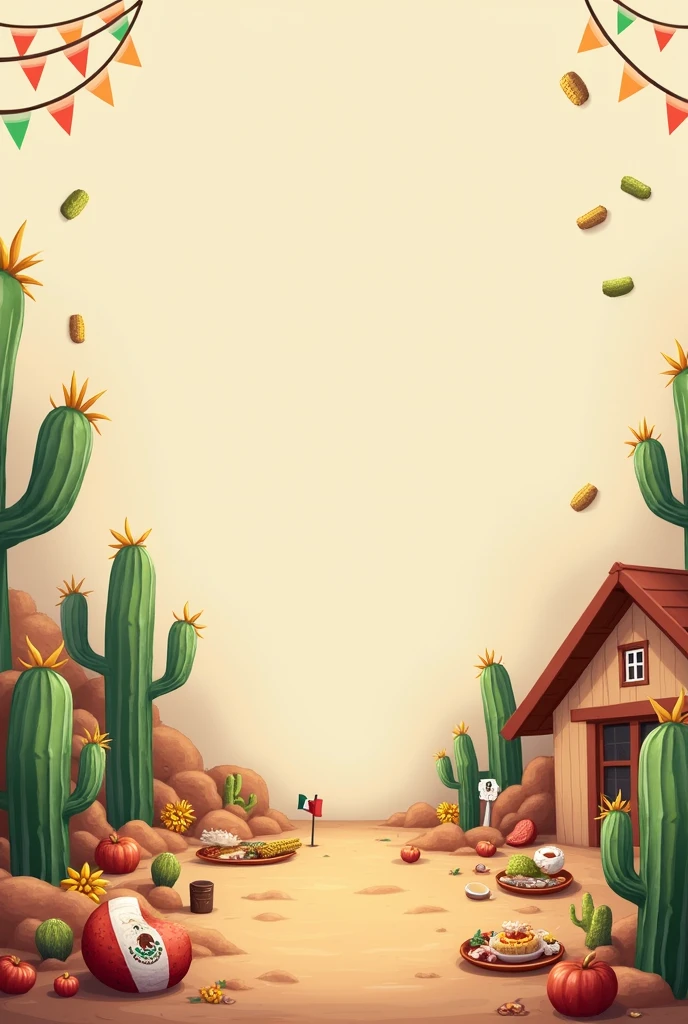 I want a background in neutral colors with small details of the patriotic month of September, but without symbols and without flowers, They can be cacti or things that represent Mexico but with a space in the center and a small Mexican flag., may have corn, typical food, small piñatas, house