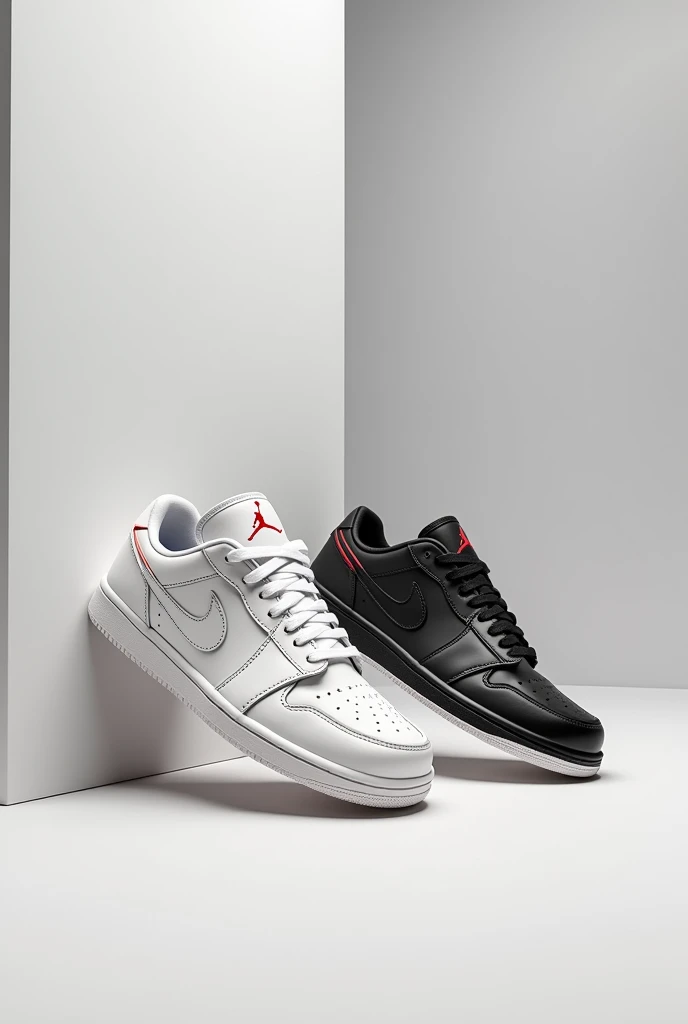 Generate an image of a pair of Jordan Air Jordan 1 Low sneakers with a red logo and white soles, one with white laces with red stripes and the other with black laces with white stripes. 