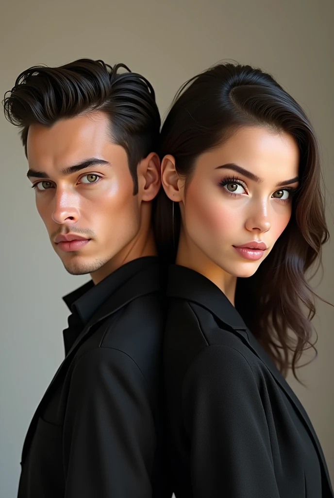 Create an image of a handsome male and his female twin, both with similar facial features, including sharp eyes, a defined jawline, and smooth skin. The male should have stylish hair and wear a trendy, modern outfit. The female twin should have a feminine version of his hairstyle and a fashionable outfit that complements his. They should stand side by side, exuding confidence and charisma, with a soft, elegant background that highlights their resemblance.