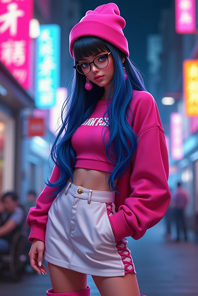 A teenage girl wearing fucshia beanie cap black round glasses pink crew neck retro neon pink drop earrings l'ipotesi fuschia bomb boots white go-go high heled miniskirt royal blue and brown long hair  a short top a tube