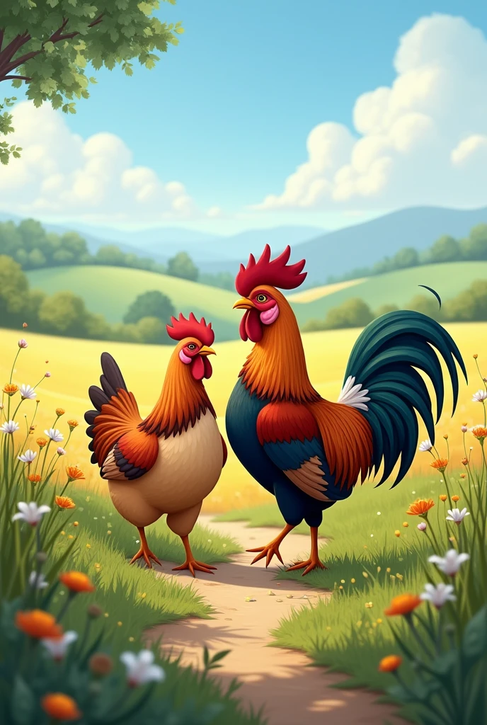 The hen and the rooster going to the fields in summer