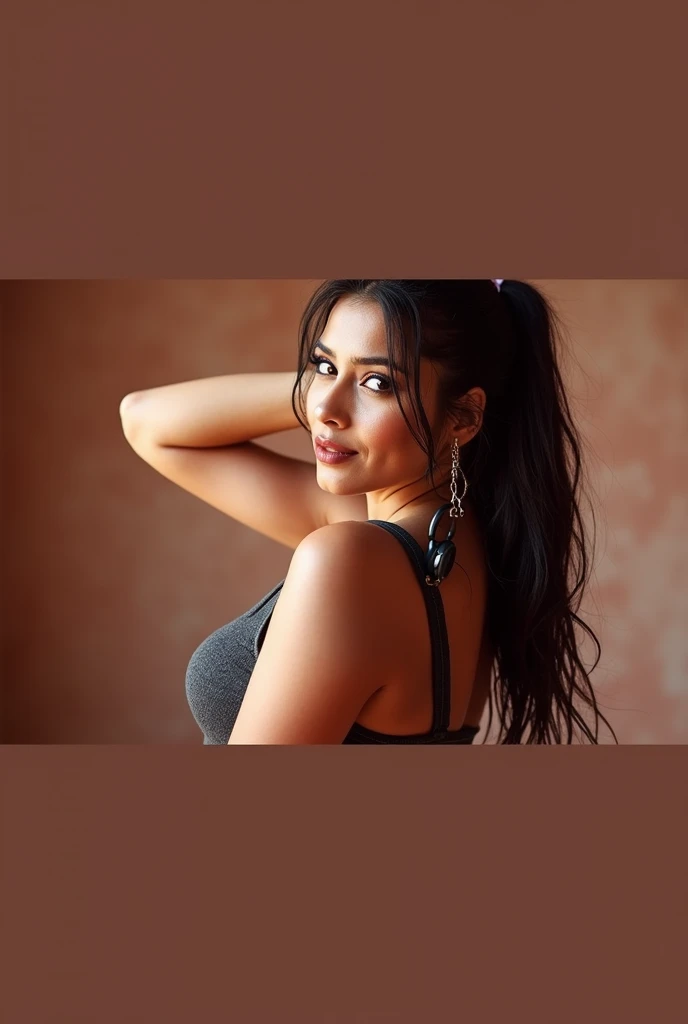 Bright sunny day scene, full body of SEXIEST 45YO MILF AISHWARYA RAI, army commando lady, sweat on body, headphone on sweaty cleavage, MEDIUM breasts, mature milf thick curvy figure, posing in desert, black pants and boots and crop top, wet hair, seductive face, look at camera and winking, black ponytail hair, erotic adult face, 45yo, soft volumetric lights, (backlit:1.3), intricate details, (ArtStation:1.2)