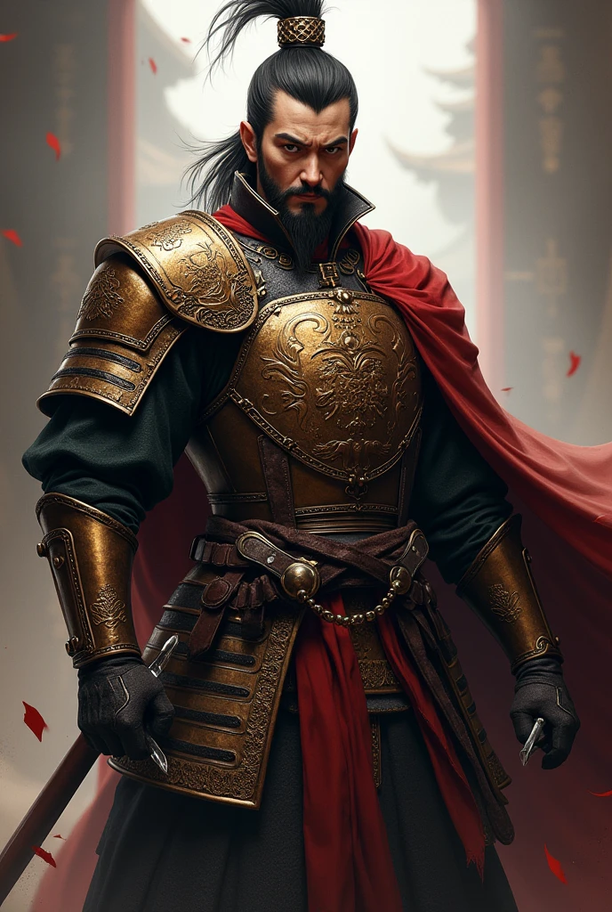 naughty man, Cao Cao, brownhair. Medium armor and a shield with a servant design, In the other hand, a glass bottle.
