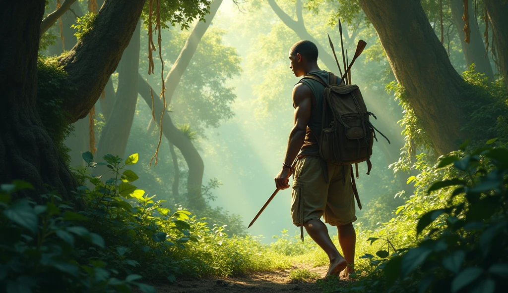 an African hunter with short hair moving silently through the forest and seeing something strange 