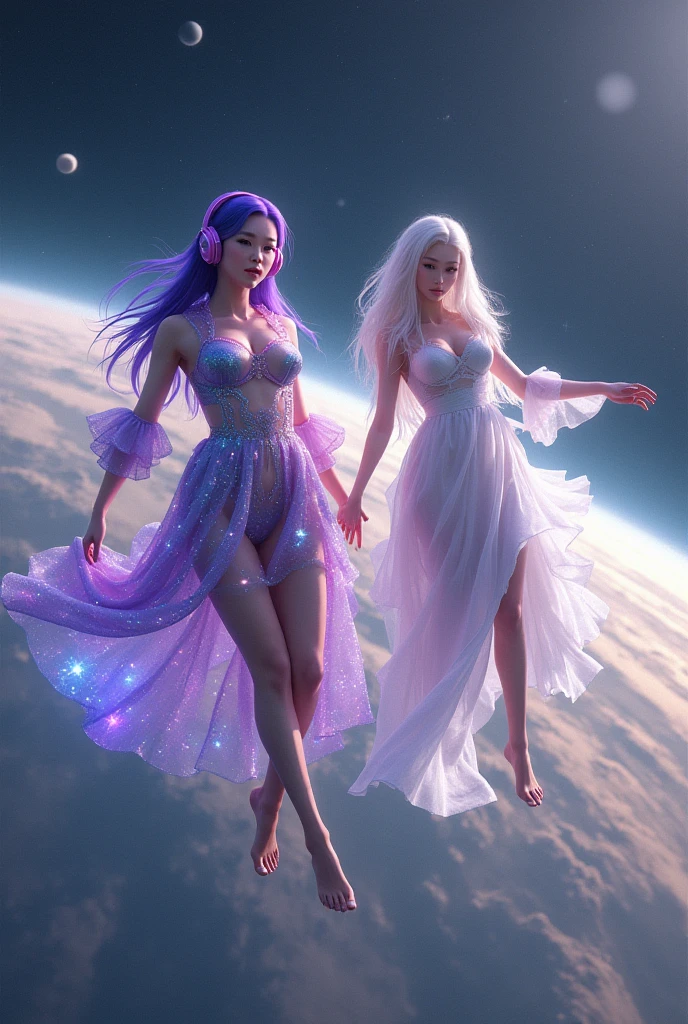 Korean purple haired butterfly woman with headphone wearing transparent galaxy outfit and white haired white woman wearing venus dress both flying over planet saturn 🪐