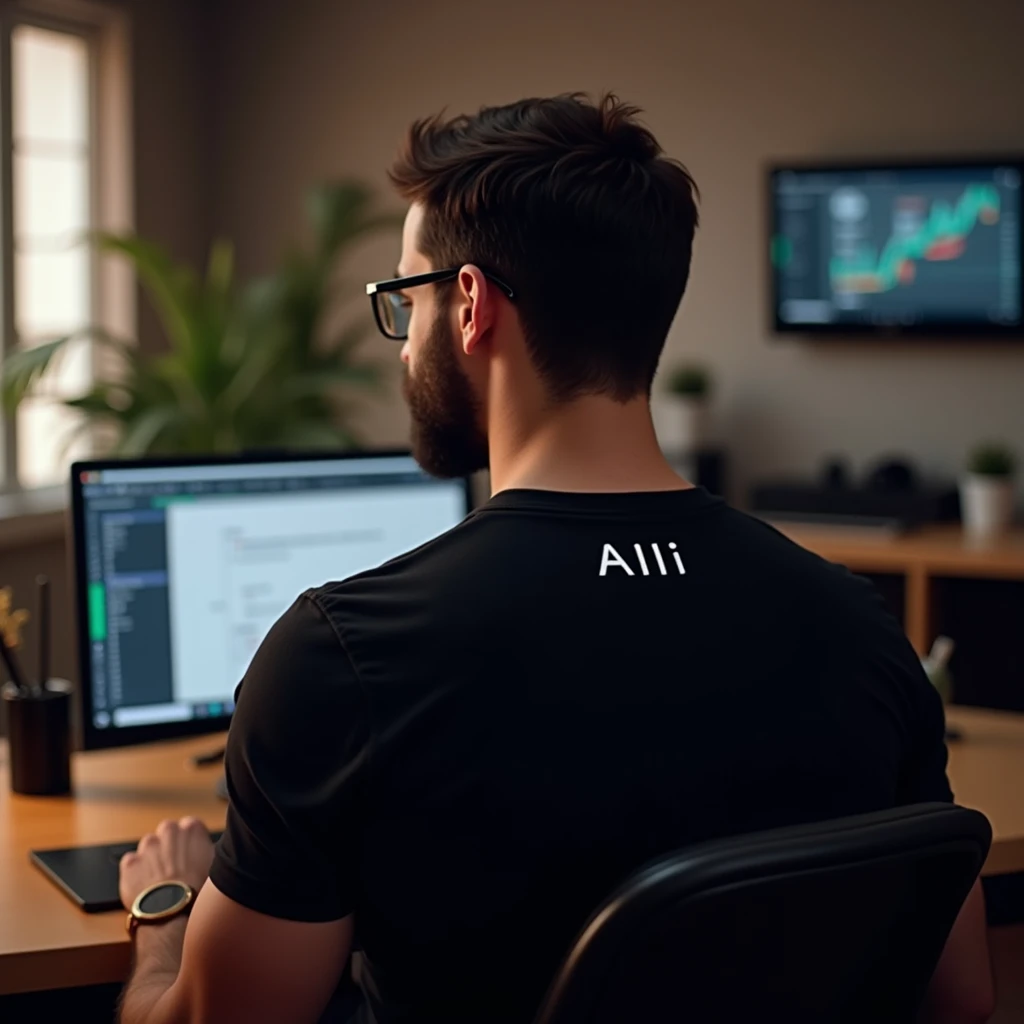 Software developer using computer and Laptop in his well architect room
He is A Lean bodybuilder wearing glasses and Black T shirt and backside of it "Ali"
(Back side view and only back side of head should be visible)
This image is ok but just write Ali on it