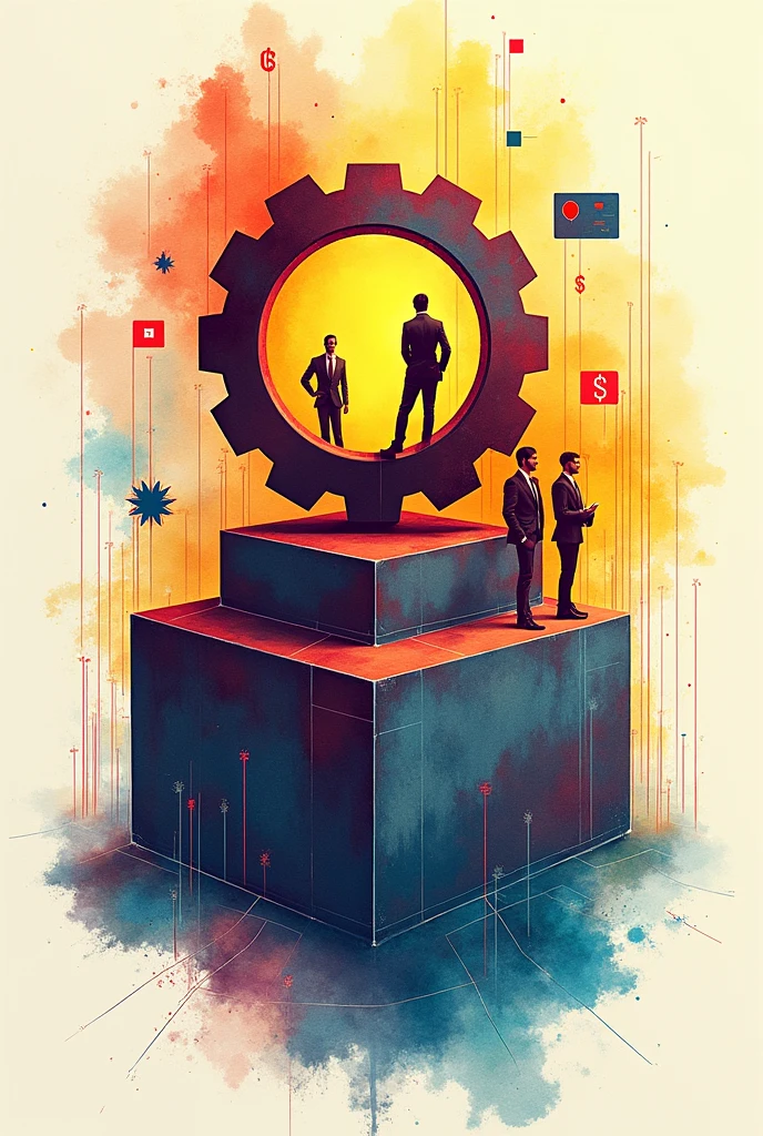Create a large, circular gear in the middle, towards the top of the image, and a three-dimensional rectangle. Currency has graph lines. There are many images of businessmen. Using watercolor and mixed media Use bright colors The light source is in the upper right corner. --ar 2:3