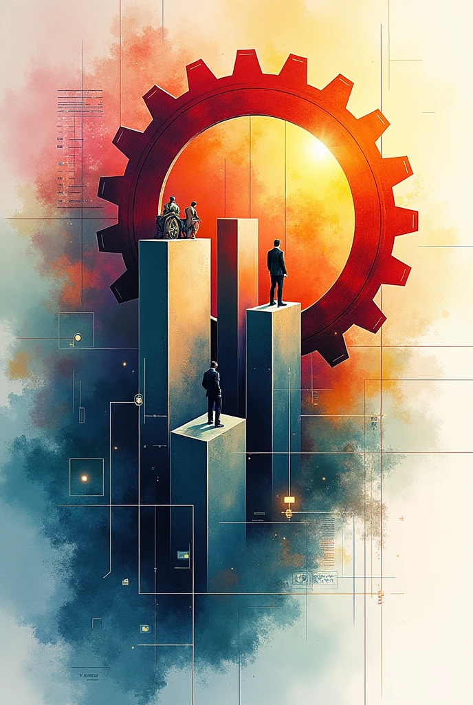 Create a large, circular gear in the middle, towards the top of the image, and a three-dimensional rectangle. Currency has graph lines. There are many images of businessmen. Using watercolor and mixed media Use bright colors The light source is in the upper right corner. --ar 2:3