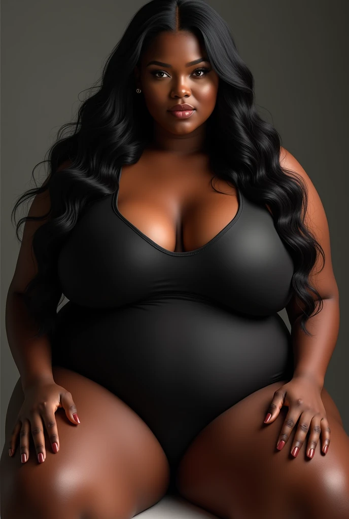 (photorealism:1.2), powerful Dark chocolate brown skinned toned melanin
bbw super thick plus size obese, curvaceous woman long beautiful flowing hair exuding a findom persona exuding with an intense, hypnotic gaze. beautiful woman, big breasts sits with her legs stretched out, taking a realistic photo