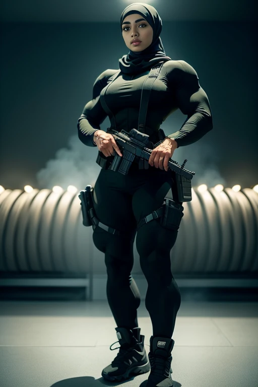 Photorealistic, high resolution, 1 malay woman in hijab, Solo, Hips up, training area background,view the viewer, (Detailed face), Black hijab, SWAT vests, sniper rifle handle, Black military uniform, bulletproof vest, Holding an assault rifle, M16, Inside the city of kota Kinabalu, Very detailed, Perfect face, Black eye, jewelry, (full body view), Lifelike, masterpiece, HDR, 4K