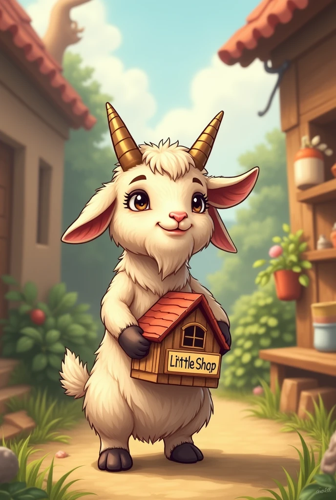 Goat holding a little house written on it "Little shop" in front and below "Everything you are looking for in one place"