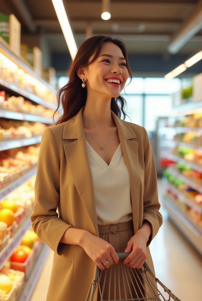 Happy and elegant woman shopping in the supermarket
