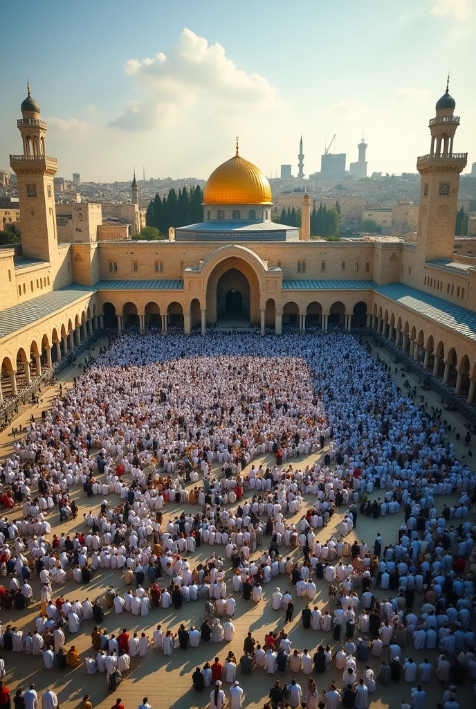 Aqsa mosque where hundred of Muslims performing prayers drone shots