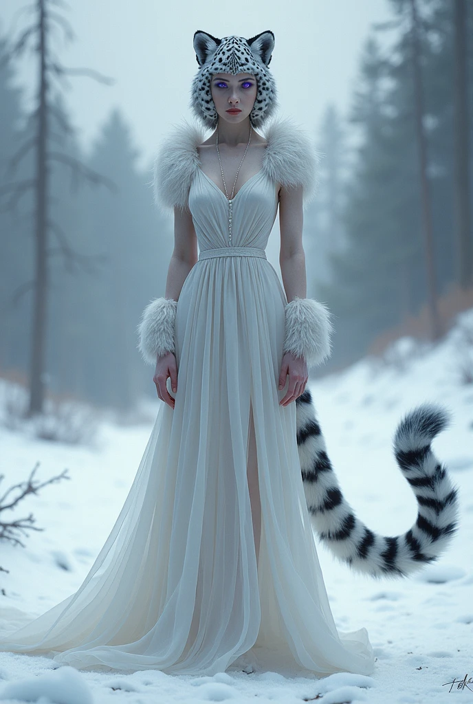 Snow leopard-human hybrid female with purple eyes, with human body and human face wearing a white dress, with snow leopard ears and tail