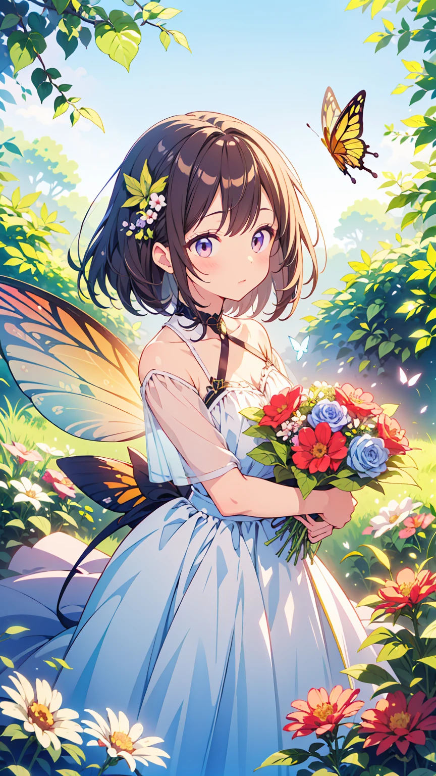 Beautiful girl in a fairy costume, Surrounded by flowers and butterflies. content: Watercolor. style: Whimsical and delicate, Like an illustration in a children&#39;s book.
