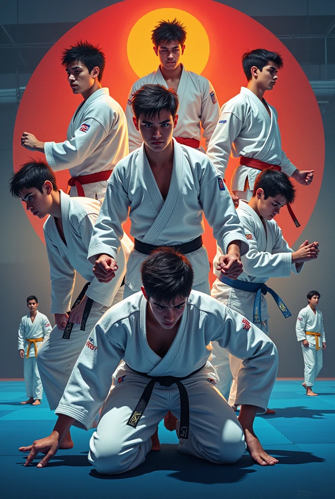 Create a jiu jitsu championship poster at Croatá's full-time school,school games ,image of age students showing falls wearing kimonos